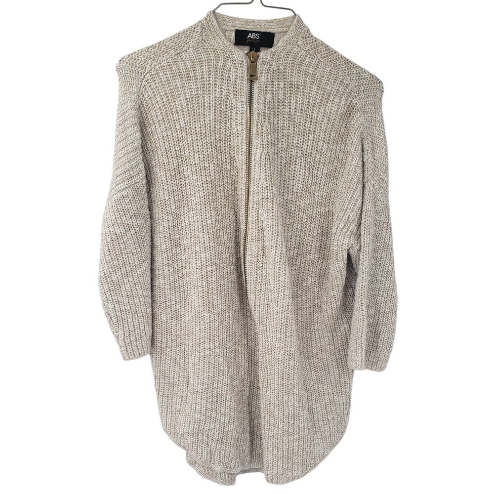 ABS Tan 3/4 Sleeve Full Zip Knit Cardigan Sweater Womens Size Small S